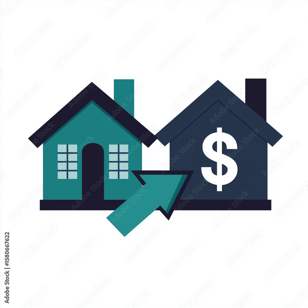 Abstract houses with dollar symbol and upward arrow indicating value Abstract houses with dollar symbol and upward arrow indicating value