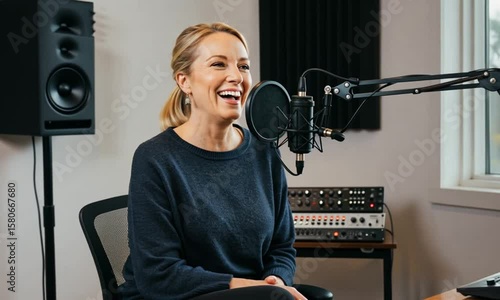 Woman in a recording studio, laughing while speaking into a microphone