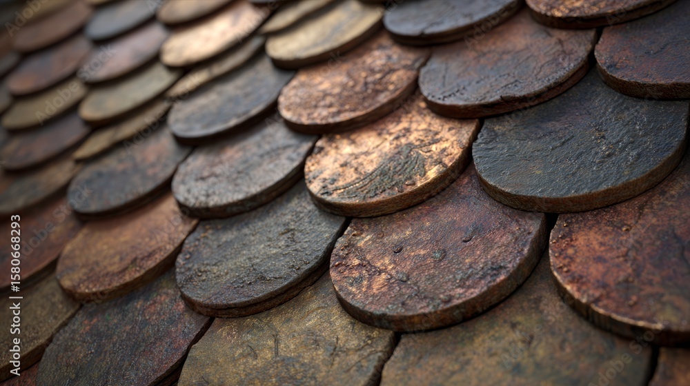 Weathered copper roofing tiles with natural patina finish and organic aging Weathered copper roofing tiles with natural patina finish and organic aging
