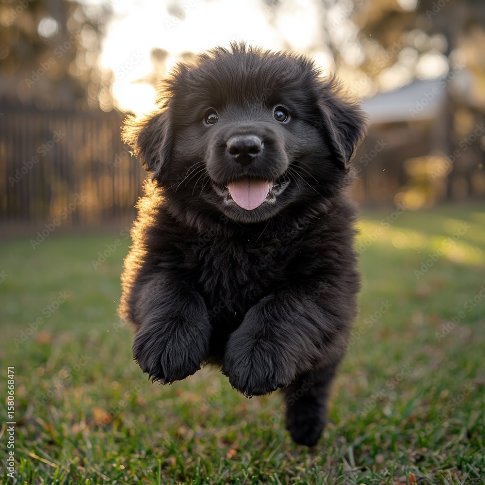 Playful black puppy bounding through grass outdoors captu joyful motion du golden hour sunlight in a park setting with blurred background Playful black puppy bounding through grass outdoors captu joyful motion du golden hour sunlight in a park setting with blurred background