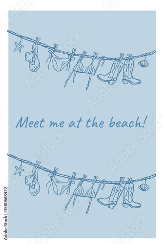 Coastal cowgirl vector illustration, line art featuring beach attire, hat and cowboy boots hanging on a clothesline with nautical elements