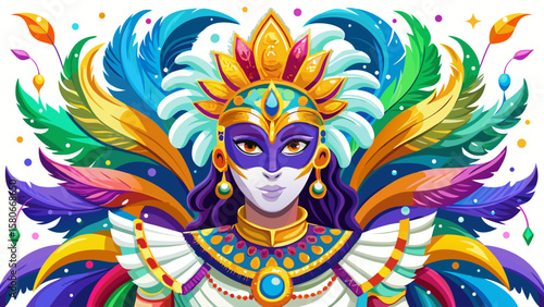 Mardi Gras costume from Louisiana bursts with sequins, feathers, and bright masks, full of festivity and movement, beautifully suited for a vivid, character-driven vector design.