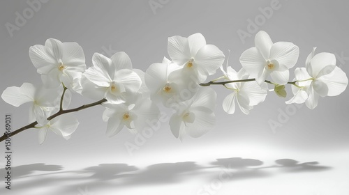 Elegant white orchid flowers on a single stem with soft shadows on a light background.
