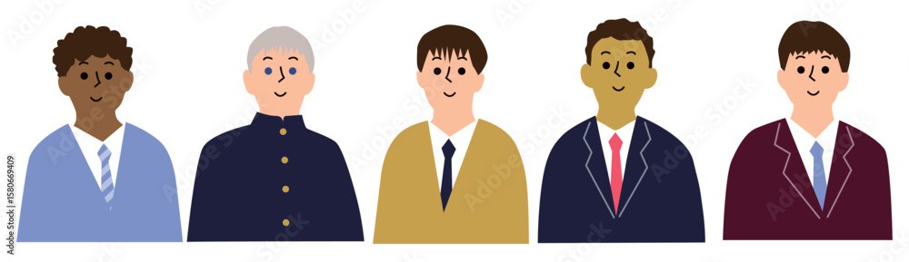 いろんな国の男子学生たち制服正面上半身アイコンセット5人 いろんな国の男子学生たち制服正面上半身アイコンセット5人