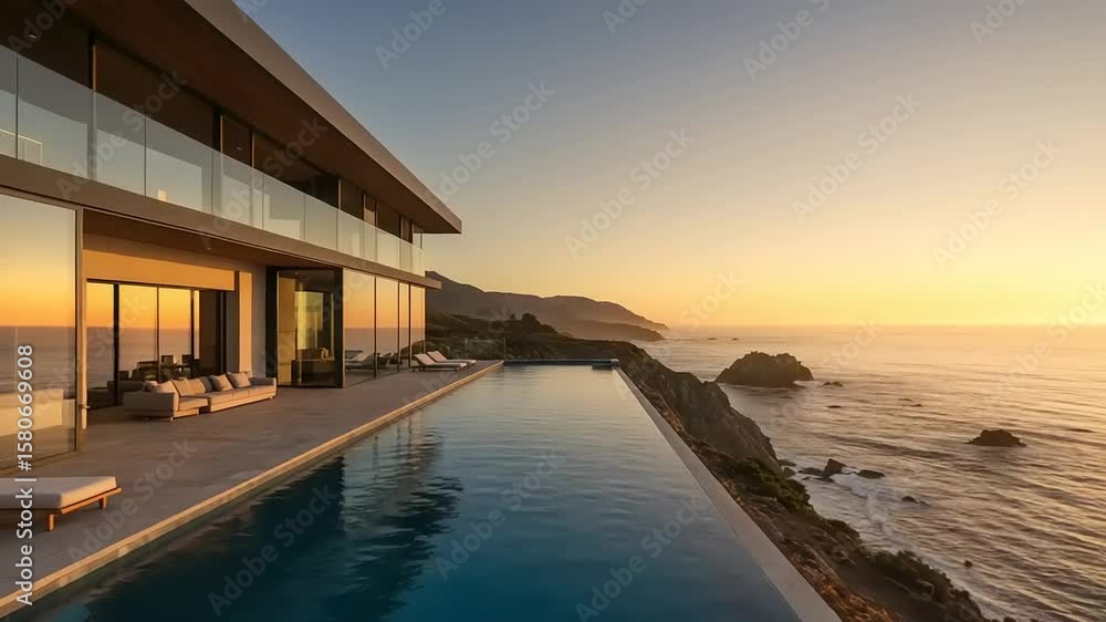 Modern seaside villa with infinity pool at sunset Modern seaside villa with infinity pool at sunset