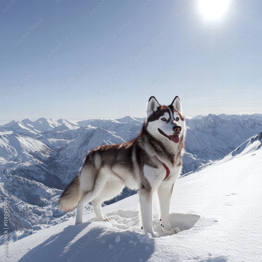 Fototapeta premium Beautiful Siberian Husky standing on snowy mountain peak under bright sun with clear blue sky and expansive mountain range in the background du winter daytime