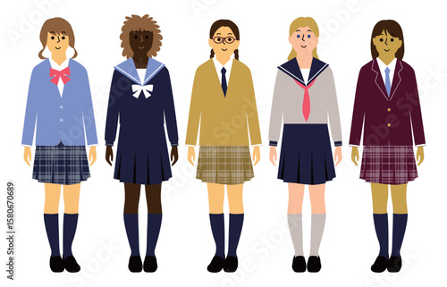 いろんな国の女子学生たち制服正面全身アイコンセット5人