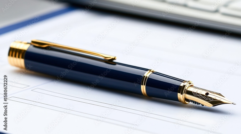 A luxurious fountain pen is elegantly placed on a sheet of paper, symbolizing professionalism and sophistication, Ideal for use in corporate materials, creative projects, or any formal documentation, A luxurious fountain pen is elegantly placed on a sheet of paper, symbolizing professionalism and sophistication, Ideal for use in corporate materials, creative projects, or any formal documentation,