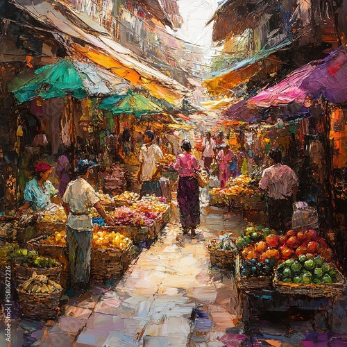 Vibrant market scene with colorful umbrellas and produce stalls