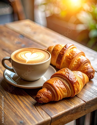 A cozy café scene with a golden croissant and a cappuccino topped with heart-shaped latte art, served on a rustic wooden table warm and inviting.