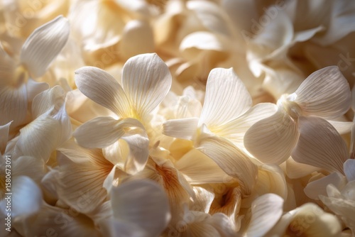 Close-up of a large pile of white flower petals with soft natural light highlighting their delicate texture and intricate veining