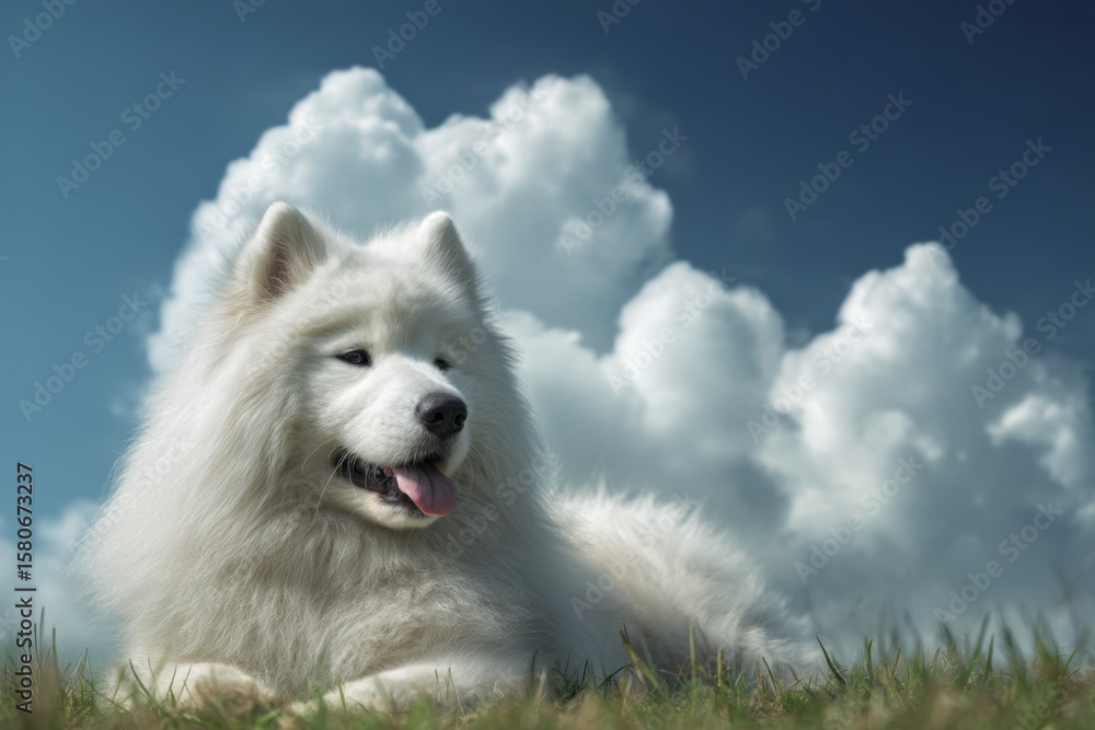 Obraz premium Peaceful white fluffy dog lying on green grass under a clear blue sky with white fluffy clouds du daytime