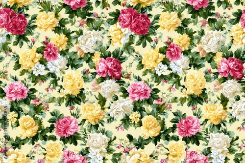 Lush Floral Pattern Seamless Texture Design featuring Yellow Pink White Roses Blooming in a Vibrant Garden