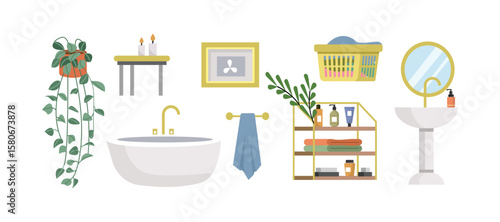 Set of luxury bathroom furniture. Bathroom equipment collection. Washbowl with mirror. Hanging towel. Candle bathroom. Basket clothes.