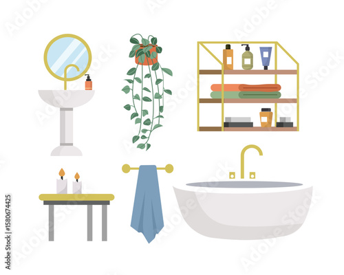 Luxury bathroom furniture. Set of modern toilet equipment. Shower equipment.