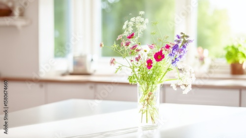 Bright and colorful wildflowers in a clear glass vase on a white kitchen countertop with sunlight streaming through a window