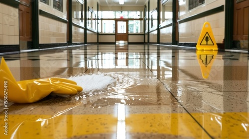 Hallway Under Repair: Cleaning up a Floor Leak with Safety First and Reflection, an important job with proper equipment is necessary