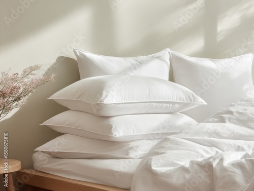 Cozy bedroom with neatly stacked white pillows and soft bedding on bed in bright sunlight creating a relaxing and inviting atmosphere