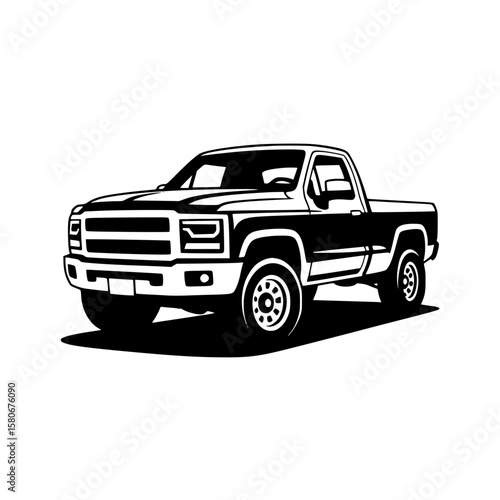 Black and white vector illustration of a classic pickup truck, side view, with detailed body lines and shadow.