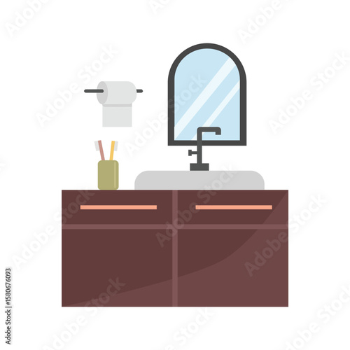 Dresser table. Washbasin. Wash room. Bathroom furniture. Toilet equipment. Washbowl with mirror.
