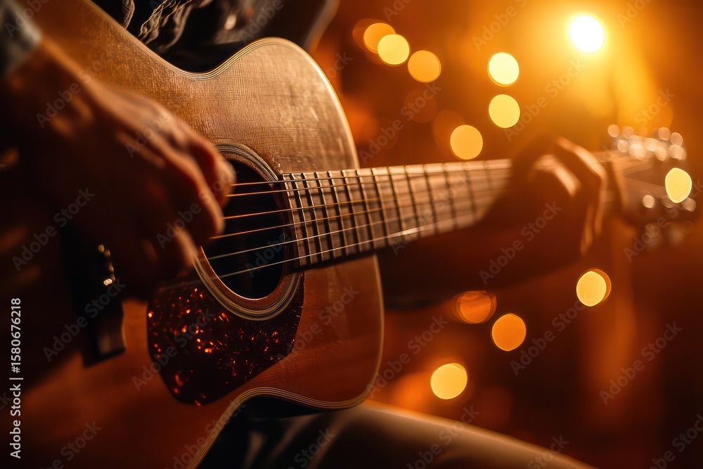 Fototapeta premium Hands Playing Acoustic Guitar Indoors with Soft Light