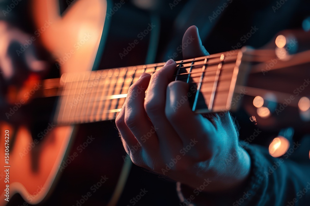 Obraz premium Hands Playing Acoustic Guitar Indoors with Soft Light
