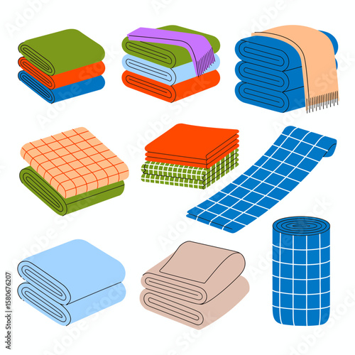 An illustration showing nine stacks or rolls of folded towels in various colors and patterns, neatly arranged on a white background.