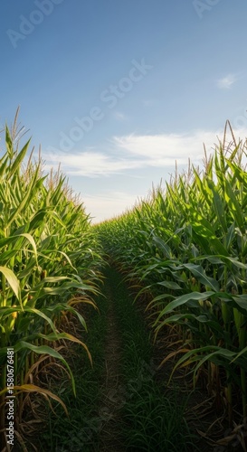 Serene Path Through Lush Cornfield Under a Clear Sky
