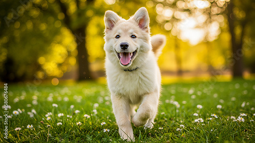 Fluffy Puppy Running Across a Sunlit Meadow
