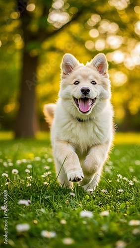 Fluffy Puppy Running Across a Sunlit Meadow