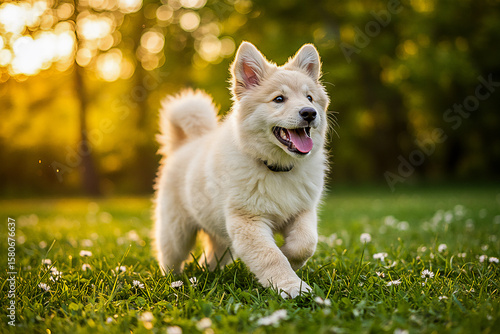 Fluffy Puppy Running Across a Sunlit Meadow