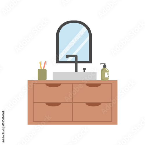 Dresser illustration. Bathroom dresser. Bathroom sink. Washbasin illustration. Washbowl. Soap and toothbrush. Toilet mirror.