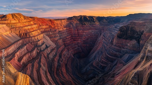 Aerial view of stunning layered rock formations in a deep canyon during sunset with warm natural colors.