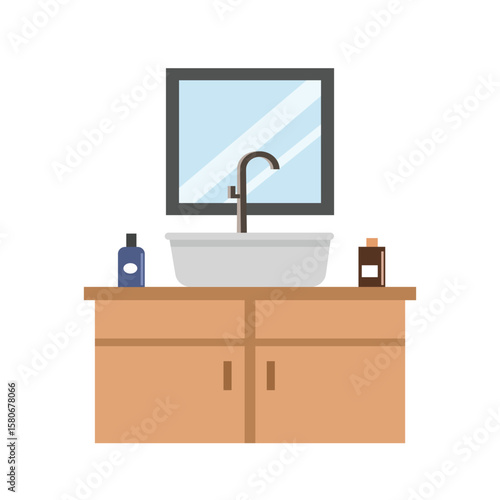 Washbowl illustration. Toilet dresser table. Toilet mirror. Bathroom table. Washbasin. Bottle soap.