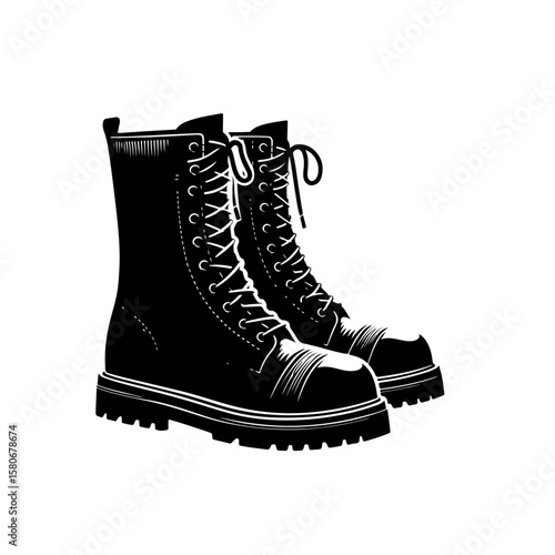 black combat boots, lace-up, side view clip art preview
