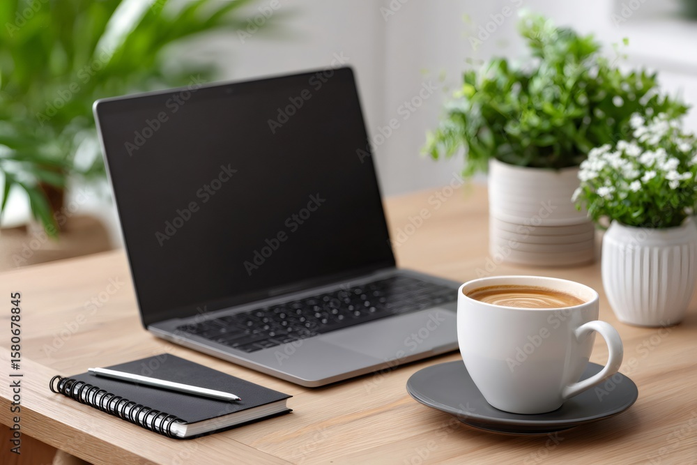 Fototapeta premium Laptop, notebook, pen and coffee cup creating a cozy workspace