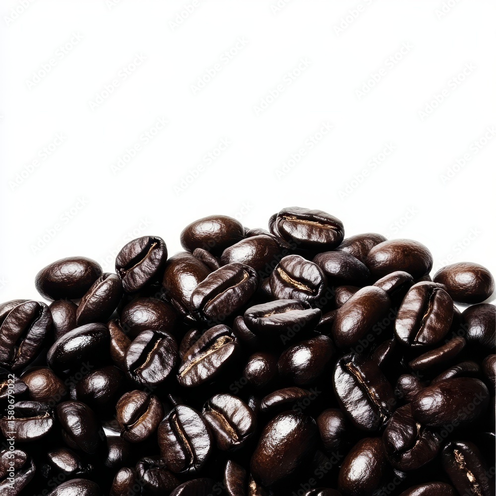 A pile of dark roasted coffee beans with a prominent central bean isolated on white background A pile of dark roasted coffee beans with a prominent central bean isolated on white background