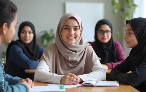 Young woman wearing hijab sitting at table with her classmates looking at camera during English language lesson. High quality
