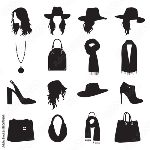 Elegant black fashion accessories including hats scarves handbags shoes and a necklace