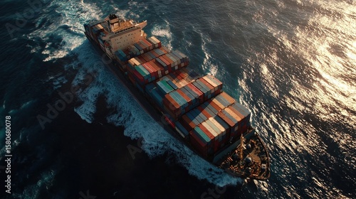 An aerial perspective of a cargo ship equipped with an exhaust filtering unit highlighting the units sleek design integrated into the ships superstructure surrounded by containers and