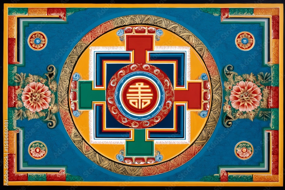 Obraz premium Colorful mandala representing longevity, fortune, and double happiness