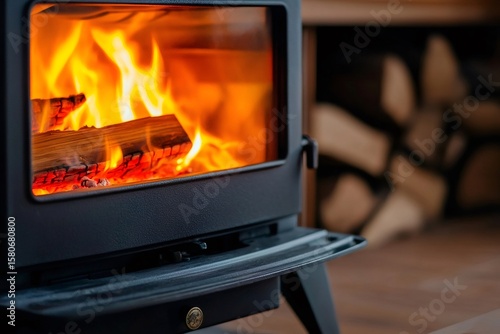 Burning wood logs in modern fireplace insert creating cozy atmosphere