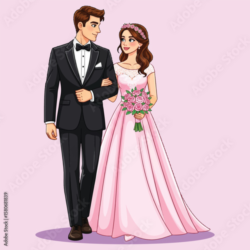 Cartoon Bride and Groom Wedding Illustration – Romantic Couple in Wedding Attire on Pastel Background