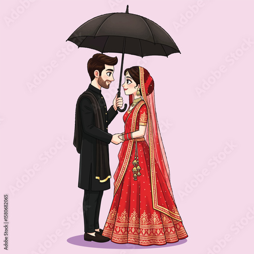 Romantic Indian Wedding Couple Illustration Under Umbrella – Bride in Red Lehenga and Groom in Black Sherwani