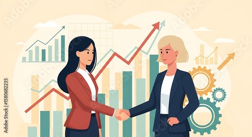 Two businesswomen shaking hands in front of rising graph charts and gears, symbolizing success and partnership.