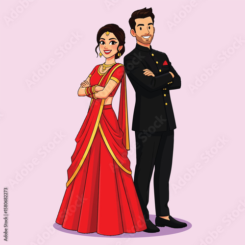 Stylish Indian Couple Cartoon – Woman in Red Saree and Man in Black Sherwani with Confident Pose