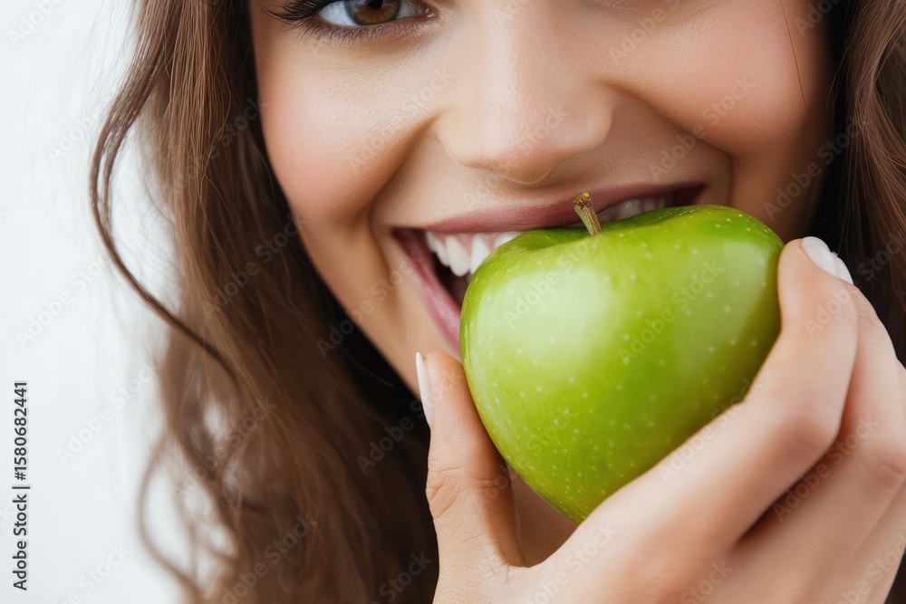 Woman Biting Green Apple to Promote Healthy Lifestyle Woman Biting Green Apple to Promote Healthy Lifestyle