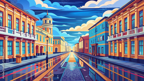 Street with a building on the right side Nevsky Prospect. The street is wet and the sky is blue in Saint-Petersburg