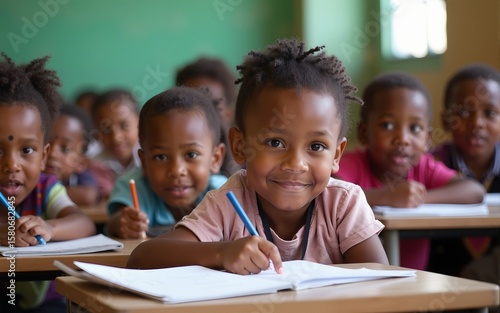 Children of various backgrounds sit attentively at their desks, focused on learning. Their expressions reflect curiosity and determination amidst a vibrant classroom atmosphere. refugee integration