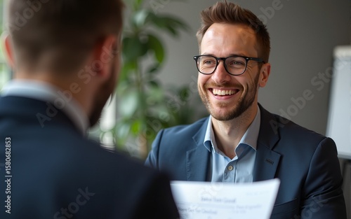 Lachender männlicher Azubi beim Bewerbungsgespräch. High quality